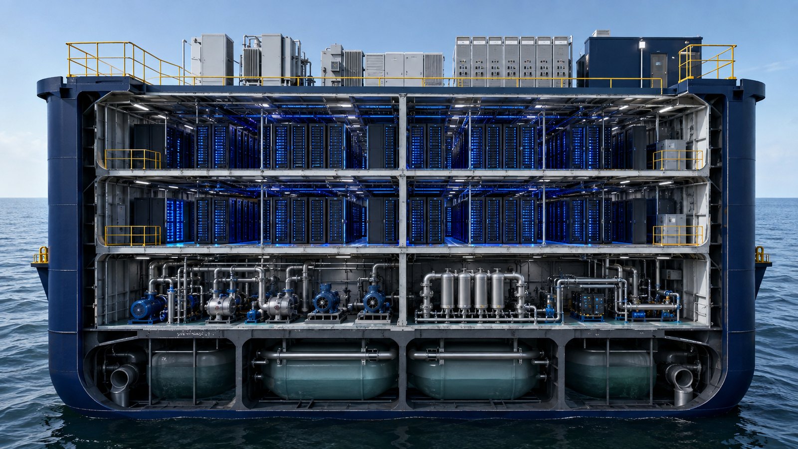 Five-deck cutaway of the Bluewater barge showing IT halls over the cooling plant