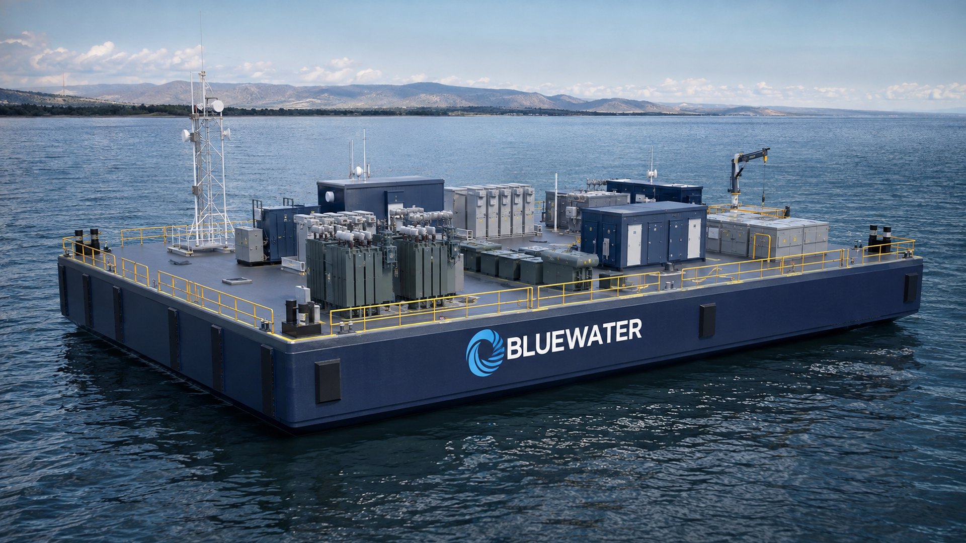 Bluewater 50 MW floating data-center barge, electrical topside, no cooling towers