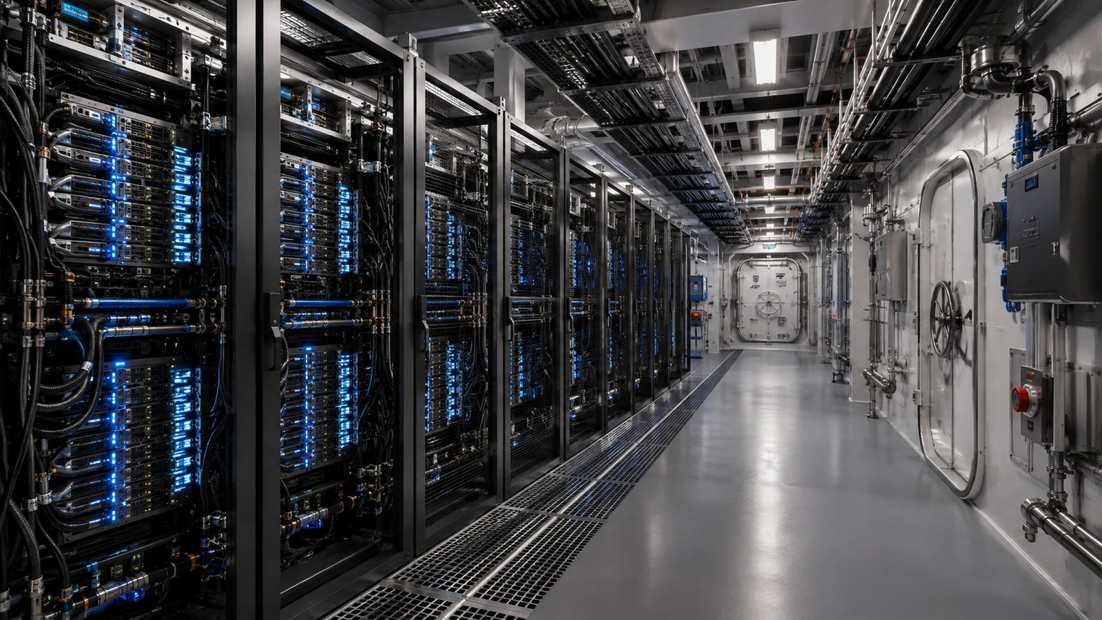 Liquid-cooled AI hall with marine watertight subdivision
