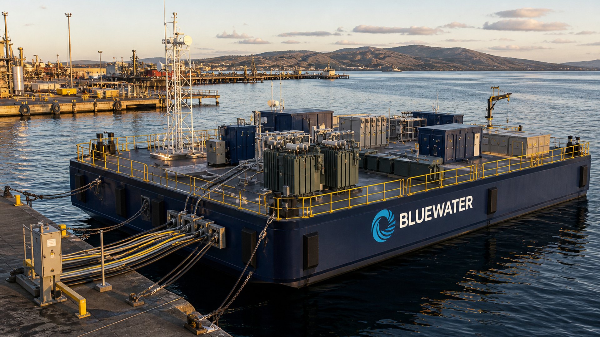 Bluewater barge jetty-moored with shore power cables